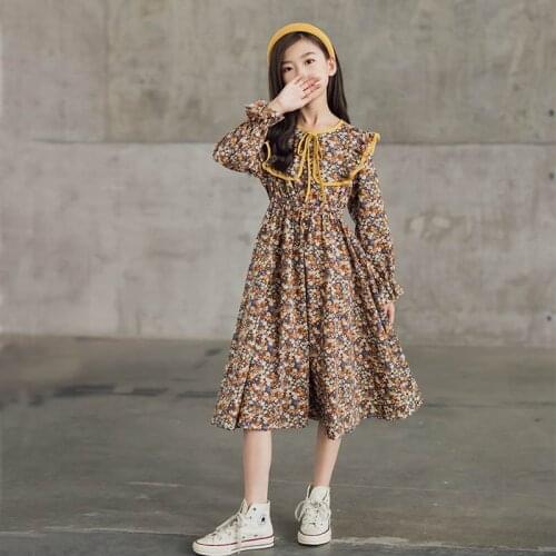 10 to 12 years Girls Floral Print Sweet Casual Dress 2021 Autumn Lace Collar Cotton Dress for Teenage Girl