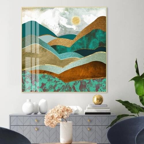 Trendy Green Golden Hills Abstract Scene Canvas Painting Impressionist Poster Print Interior for Living Room Home Decorations