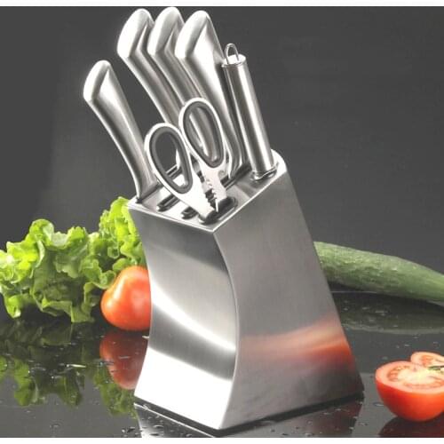Stainless Steel 6 Holes Kitchen Knife Set Stand Sharpener Holder Fruit Knives Accessories Bottom Drain Ventilation Storage