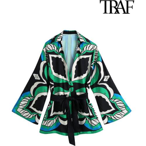 TRAF Women Fashion With Belt Printed Wrap Kimono Blouses Vintage Three Quarter Sleeve Female Shirts Chic Tops