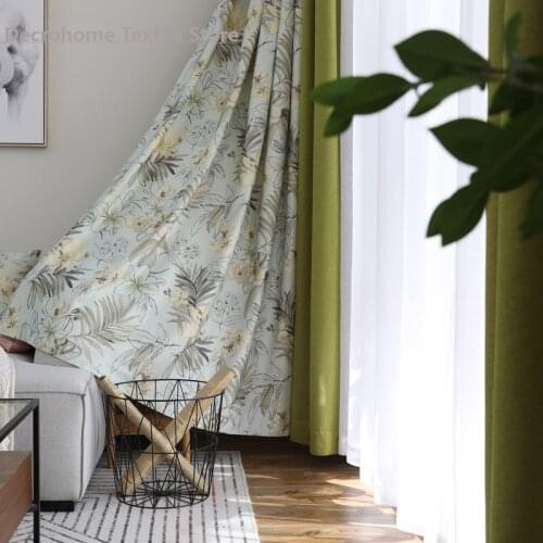 Rural American Abstract Printing Fog Blue Cotton and Hemp Shade Curtains for Living Dining Room Bedroom