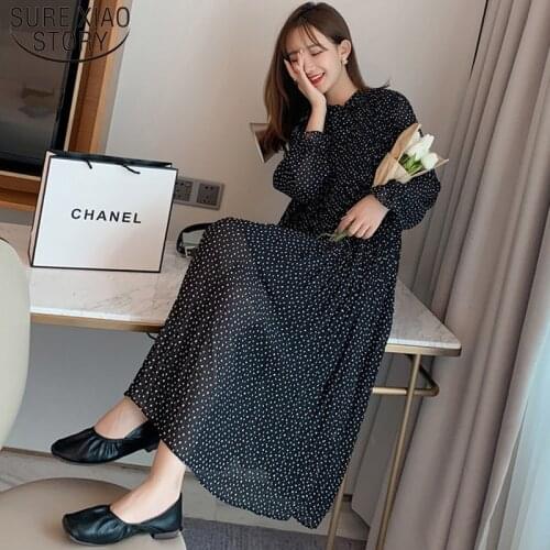 Autumn 2021 Fashion Pleated Dress Women Chifoon Dress Winter New Dot Dress Flare Sleeve Long Sleeve Mid-calf Dresses 7157 50