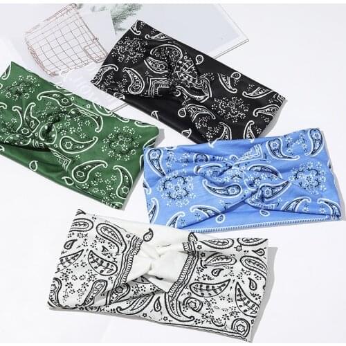 Women Floral Print Wide Hairband Sport Hair Ribbon Cross Knot Anti-Slip Headband Turban Solid Color Headdress Elastic Hair Band