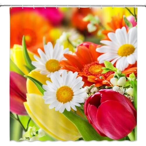 Flower Shower Curtains Spring Colorful Floral Plant Scenery Bathroom Decor Waterproof Polyester Home Bath Cloth Hanging Curtain