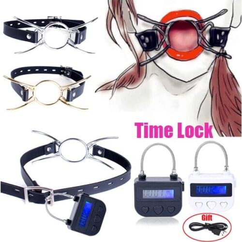 SM Time Lock Metal Spider O Ring Open Mouth Plug Leather Restraint Slave Blowjob Gag BDSM Bondage Chastity Lock Couple Sex Toys