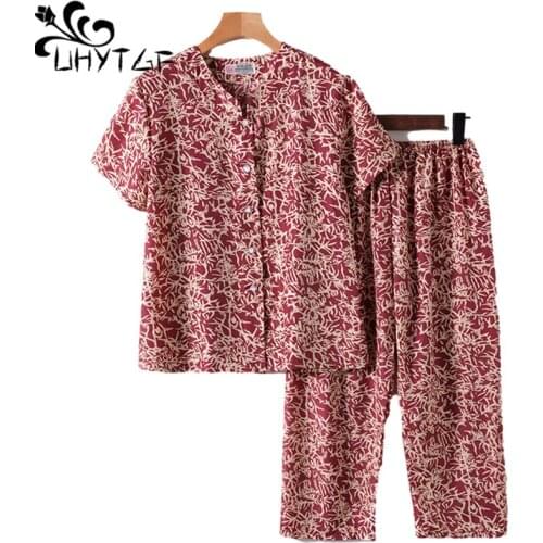 UHYTGF Middle-Aged Elderly Tracksuit Womens Summer Suit Short-Sleeved Cardigan Thin Clothing Print Plus Size Two-Piece Set 1614