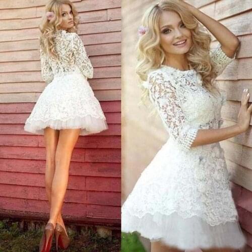 Gyfor Bride Mini Length with 3/4 Sleeves Bridal Wedding Gowns Short Illusion Back Sexy Ivory Lace Wedding Dresses