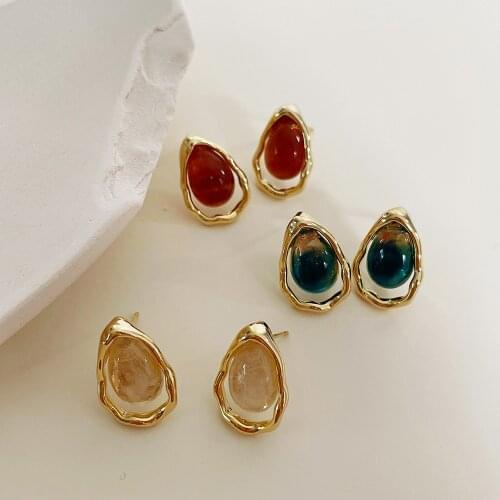 Retro Water Drop Resin Stud Earrings for Women Korean 2021 New Trendy Simplicity Elegant Ear Jewelry Female Delicate Ear Studs