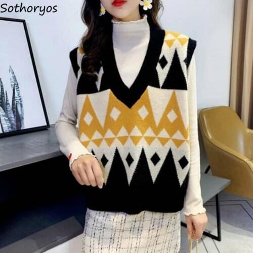 Sweater Vest Women Argyle Knitted Vintage All-match Fashion Korean-style Loose Female V-neck Sleeveless Stylish Leisure Ulzzang