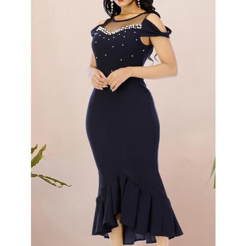 Navy Blue Bodycon Dresses for Women with Bead Sexy Patchwork Mesh Cold Shoulder Ruffles Celebrity Dress Event Date Night Party