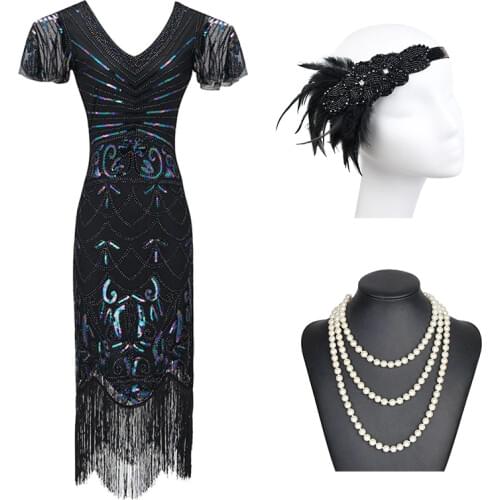 Womens 1920s V Neck Beaded Long Fringed Art Deco Gatsby Theme Flapper Dress with Sleeve and Costume Accessories Set