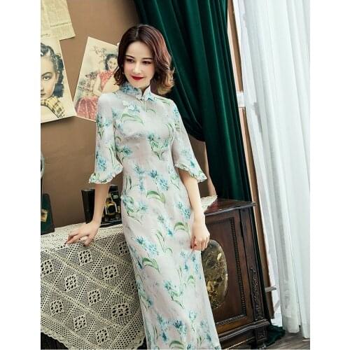 New Spring original design Chinese style flower print big size long-section retro improved cheongsam sweet dress for women