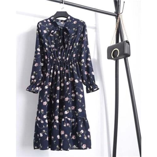 Summer Floral Print High Waist Plus Size Tie Long Sleeve Dress Women Streetwear Vintage Fresh And Sweet Casual Beach Dresses