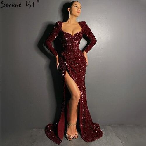 Serene Hill Mermaid Luxury Wine Red Evening Gowns 2020 Sparkle Elegant Split Sexy Party Dresses For Women DLA70962
