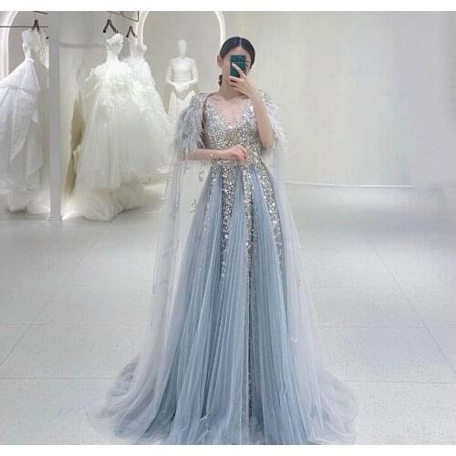 A-Line Evening Dresses With Feathers Shawl Women Shiny Beaded Prom Dress Robe De Soiree