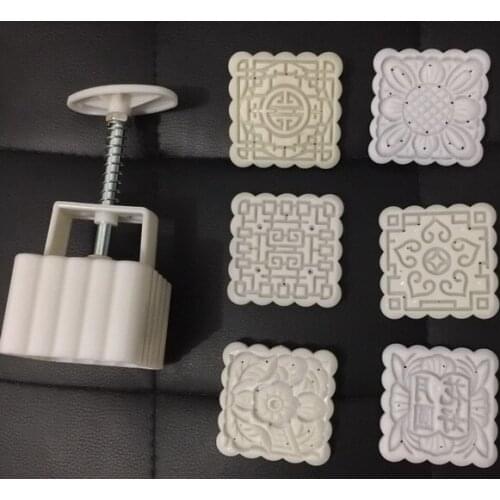 125g white square shape flower patten Moon Cake Molds with 6 Stamps plastic hand pressure chinese moon cake mould,50sets/lot