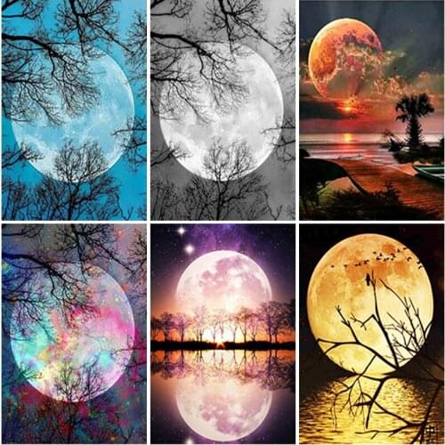 5D Diamond Embroidery Moon Night Tree Diamond Painting Full Square Round Resin Scenery Picture of Rhinestone Wall Art