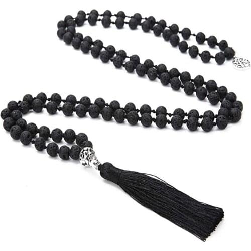 108 Mala Beads 8MM Volcanic Stone Necklace Semi-Precious Jewelry Meditation Hand-Knotted Tassel and Tree of Life Pendant