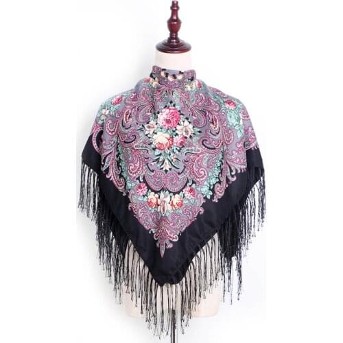 90*90cm Retro Floral Pattern Russian Square Scarf Women Cotton Print National Scarves Ladies Fringed Shawl Head Wrap Hijab