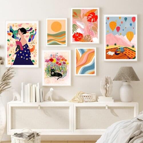 Abstract Girl Hot Air Balloon Sun Flower Wall Art Canvas Painting Nordic Posters And Prints Wall Pictures For Living Room Decor