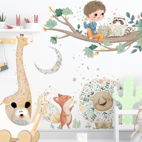 Large Cartoon Animals Wall Stickers for Kids Rooms Boys Girls Baby Room Decoration Cute Animals Giraffe Fox Wallpaper DIY