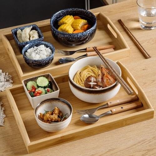 Wooden Bamboo Serving Tray Household Rectangle Wood Tea Tray Steak Fruit Snack Coffee Plate Food Platters With Handles Tableware