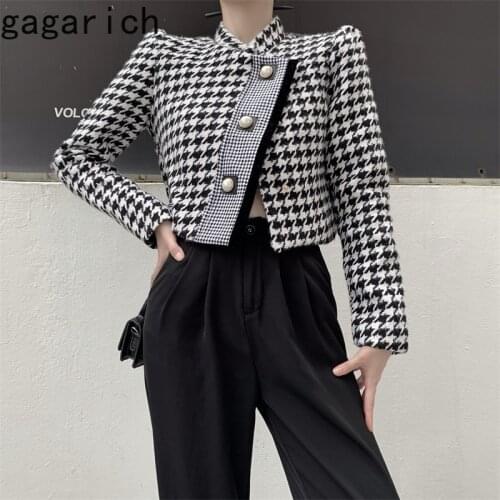 Gagarich Chic Short Coat Woman 2021 Autumn New Ins Fashion Vintage Plaid Loose Stand Collar Buttons Stitching Versatile Jacket