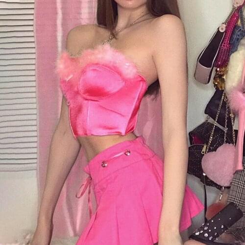 Pink Fur Satin Sexy Tube Crop Top Neon T-shirt 2021 New Spring Sexy Party Club Tanks Tshirt Tees Summer Sleeveless Short T Shirt