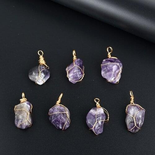 Hot Selling New Fashion Gold Wire Winding Irregular Natural Stone Amethyst Pendant Necklace