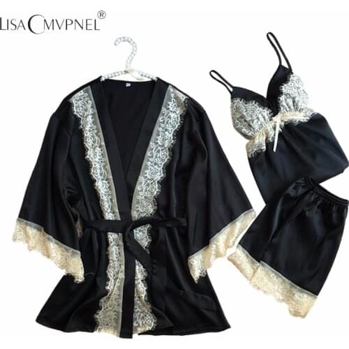 Lisacmvpnel 3 Pcs Sexy Lace Women Robe Sets With Pad Nightgown+Robe+Pant Set Women Bathrobe Elegant Women Homewear
