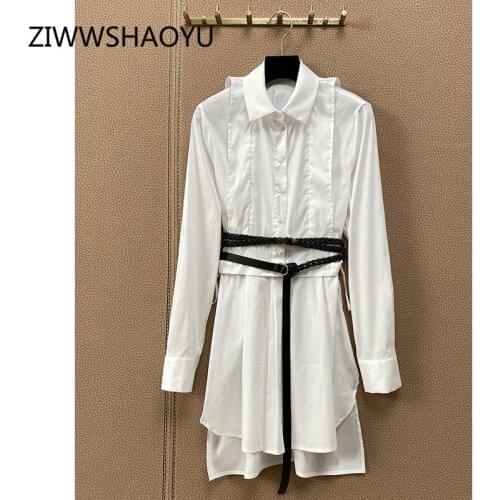 ZIWWSHAOYU Fashion Women Autumn Runway Cotton White Shirt Dress Elegant Long Sleeve Dress Vestdios