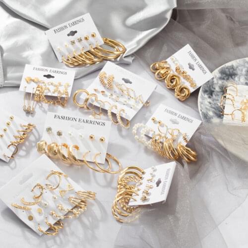 BFH Fashion Trendy Geometric Earrings For Women Vintage Gold Silver Color Metal Hoop Earing Set Circle Eardrop Party Accessories