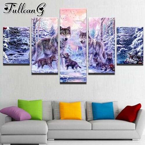 FULLCANG Forest snow wolf 5 piece diy diamond painting full square round drill mosaic embroidery sale animals decoration FC3062