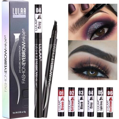 New Makeup Waterproof Eyebrow Pen 4 Head Eye Brow Tint 6Color Long Lasting Natural Brown Black Grey Eyebrow Pencil Make Up Ink