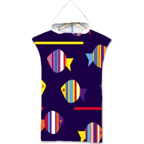 New printed cartoon fish Microfiber Quick Dry Wetsuit Changing Robe Poncho towel With Hood for Swim Beach Surf Poncho