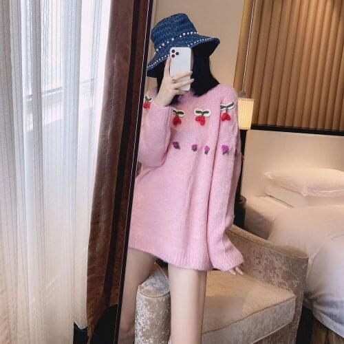 Autumn Womens Handmade Three-Dimensional Hook Cherry Embroidery Sweet Pink Sweater Loose Pullover