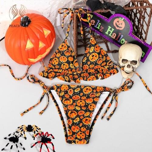 Peachtan Halloween bikini 2021 Triangle swimsuit womens swimming suit Halter swimwear female Ruffle bathing suit Sexy 2 pieces