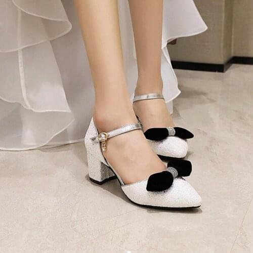 QPLYXCO New Arrival 2021 Womens Sandals Bowknot Bling DesignerThick High Heels Wedding Party Plus Size Platform Shoes32-48 2114