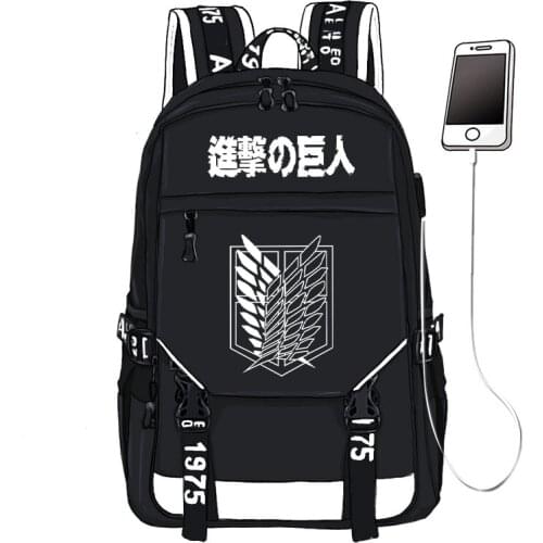Attack on Titan Wings of Freedom Printing Backpack Unisex Travel Backpack USB Interface Laptop Backpack Canvas School Book Bags