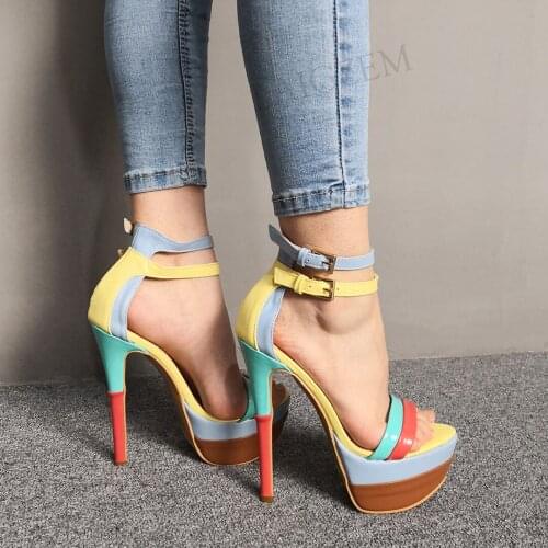 DOBANER SUPER Women Platform Sandals Open Toe Patchwork Thin Heels Pumps Prom Party Summer Shoes Woman Large Size 43 45 48 50 52