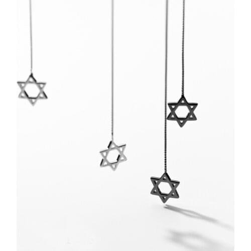Real 925 Sterling Silver Hollow Star of David Drop Earrings Black Pull Through Threader Earrings for Women Fine Jewelry