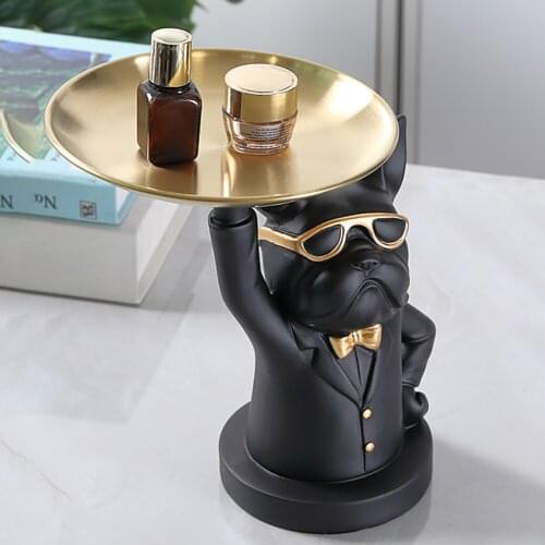 Bulldog Storage Statue Nordic Luxury Figurine Fruit Snacks Candy Tray Entrance Desk Key Plate Coin Bank Sculpture Decoration