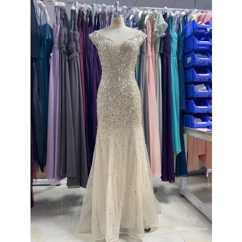 Light Champagne Long tulle Sequins Evening Dress 2020 fashion elegant Sewing beads luckgirls Customizable Dress mocini tailor