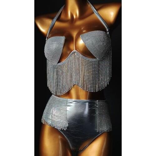 Women Pole Dance Performance Silver Tassel Rhinestones Bikini Costume DJ Nightclub Bar Party Show Model Catwalk Diamond Clothes