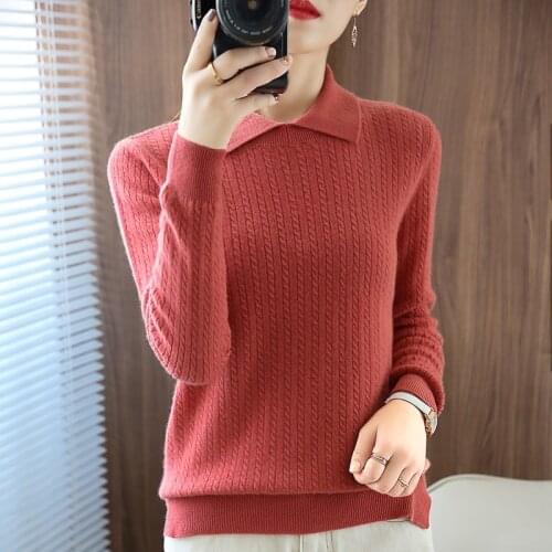 Womens 100% cashmere 2021 new autumn and winter retro polo neck sweater plus size loose wool knitted pullover womens sweater