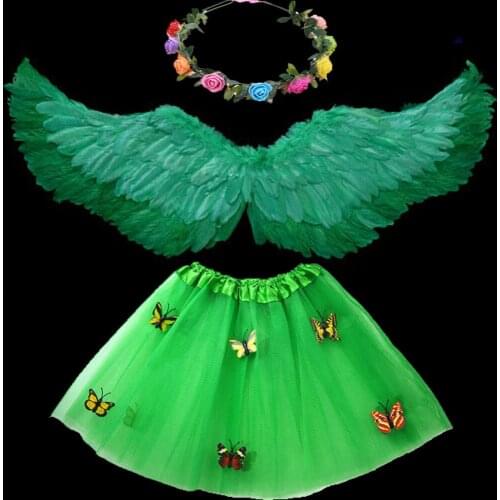 Women Girls Angel Feather Wing Costume with Flower Wreath Headband Skirt Dress Up Props Cosplay Halloween Party Angel Wings