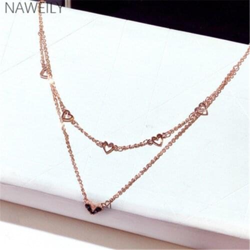 NAWEILY Gold Color Heart Necklaces & Pendants Double Chain Rhinestone Choker Necklace Collar Women Fashion Jewelry NWLN356