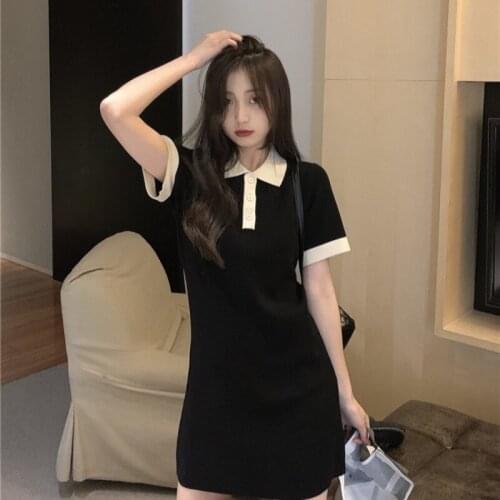 Woman Dress Polo Collar Short-sleeved Dress Female Summer New Style Little Black Dress Temperament Was Thin Slim Skirt