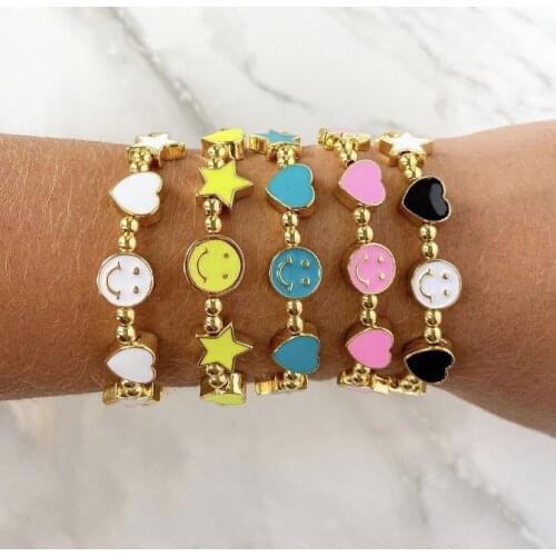 5Pcs Fashion handmade 4mm copper bead enamel star heart smiley face charms Beaded stretchy Bracelets for lady girls