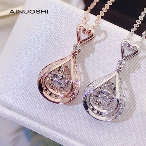 AINUOSHI Round Cut 0.08ct Real Diamond Water Drop Dancing 18K Gold Pendant Necklace Unique Design Jewelry for Women 18